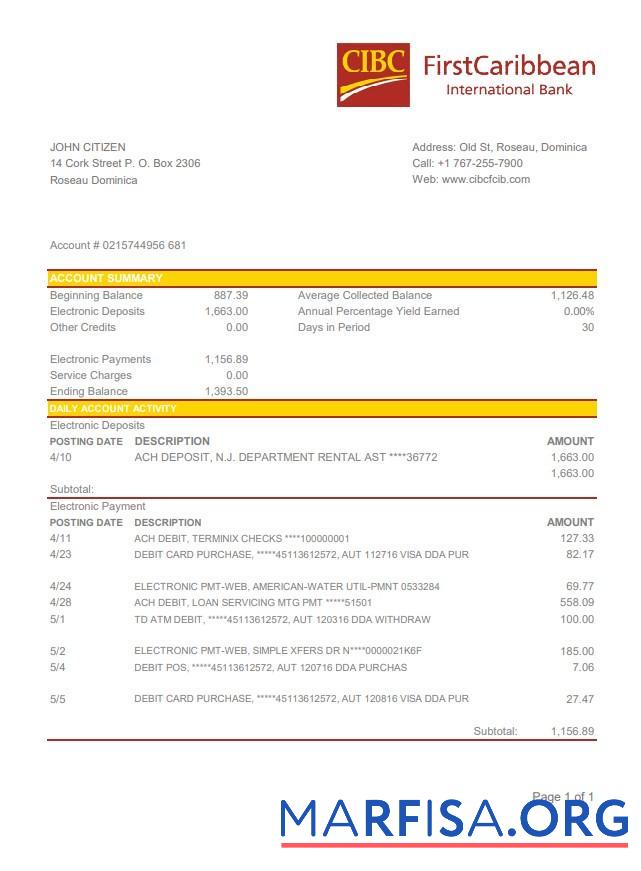 Downloadable Dominica CIBC First Caribbean International bank statement excel sample